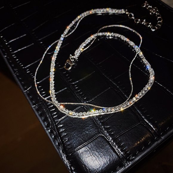 NEW Silver Round Diamond Thin Snake Chain Double Layer Necklace - Picture 3 of 7